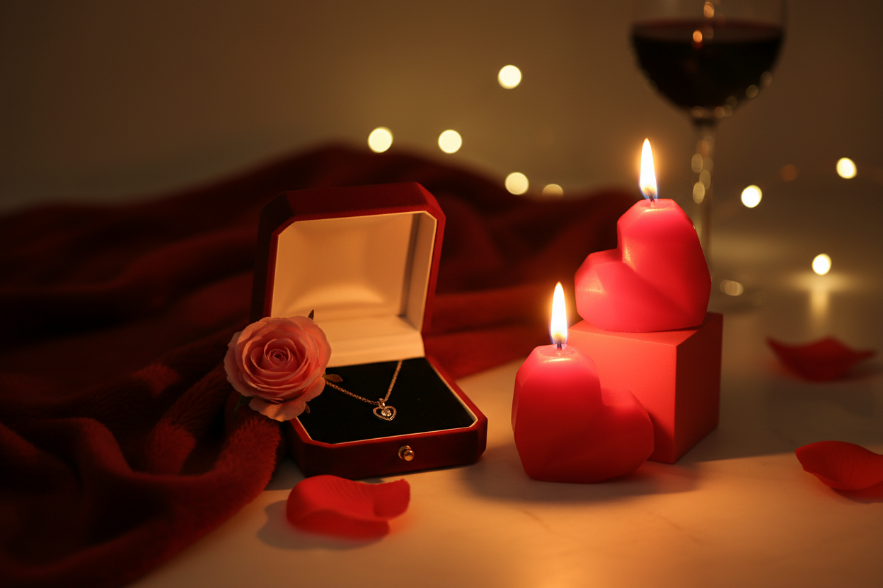 Romantic home decor with candles and jewelry