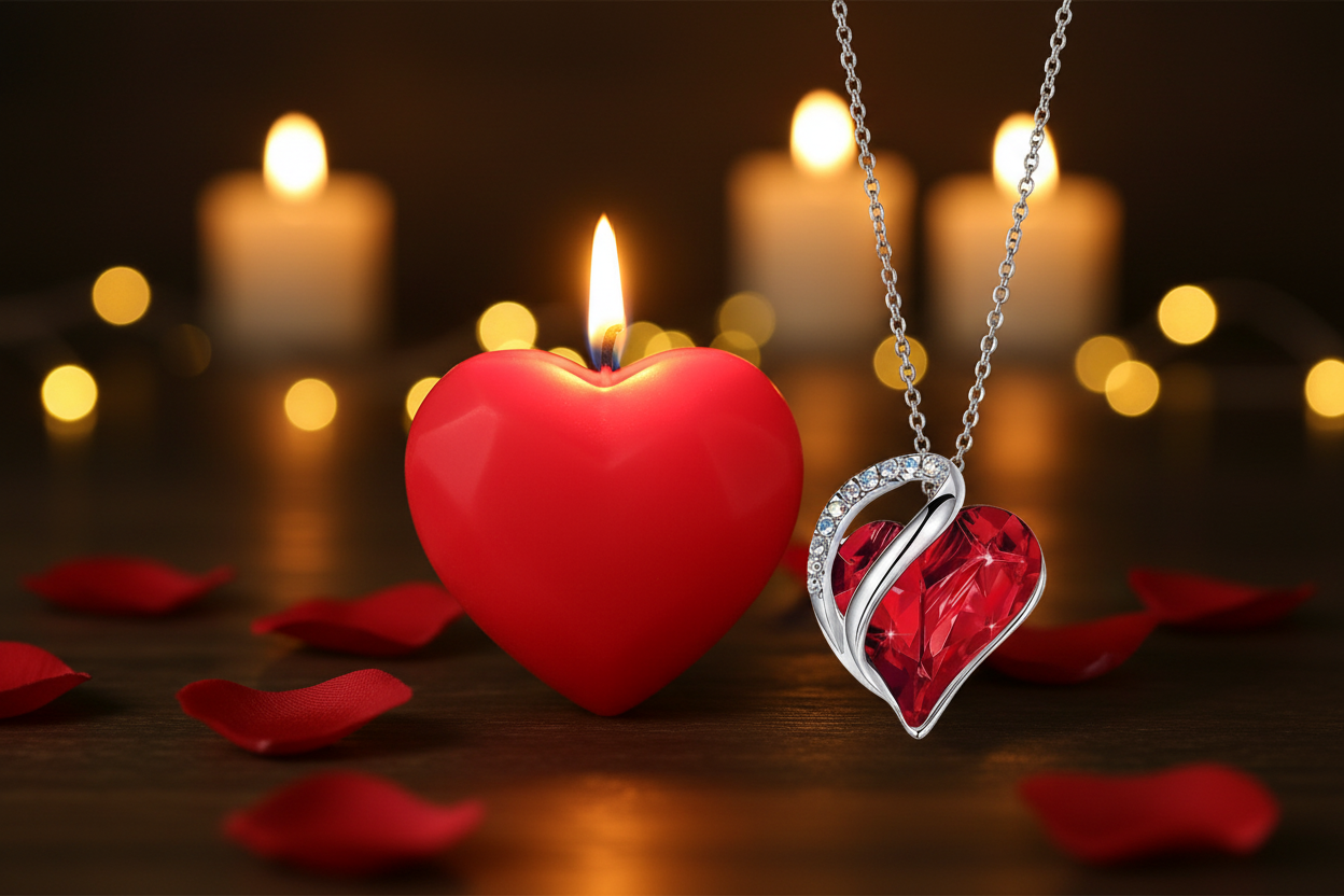 Valentine's Day romantic banner with candle and necklace
